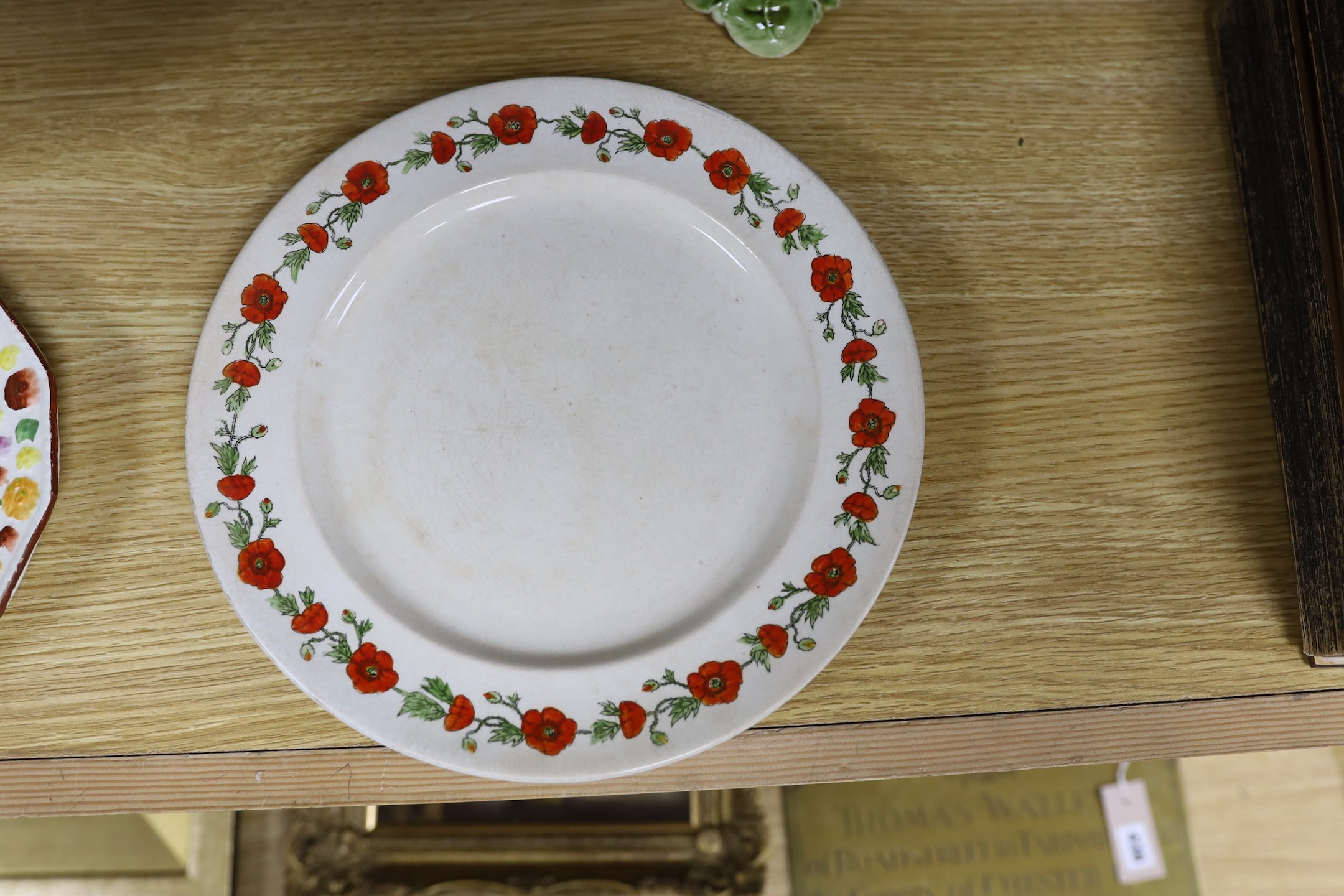 An early Victorian bone china jug, 19.5cm tall, related oil on canvas, three plates and continental vase